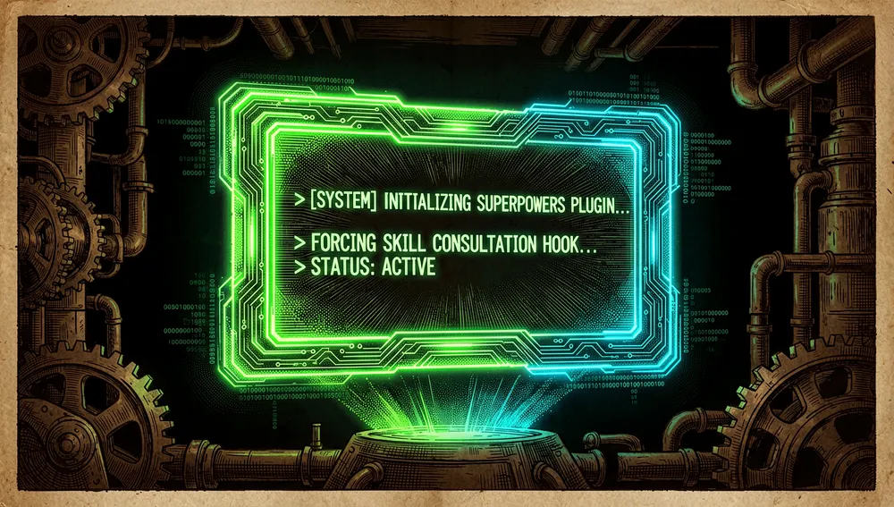 Una terminal futurista se enciende con un mensaje de neón verde y cian, representando el hook de inicio de sesión que obliga a consultar una skill antes de actuar