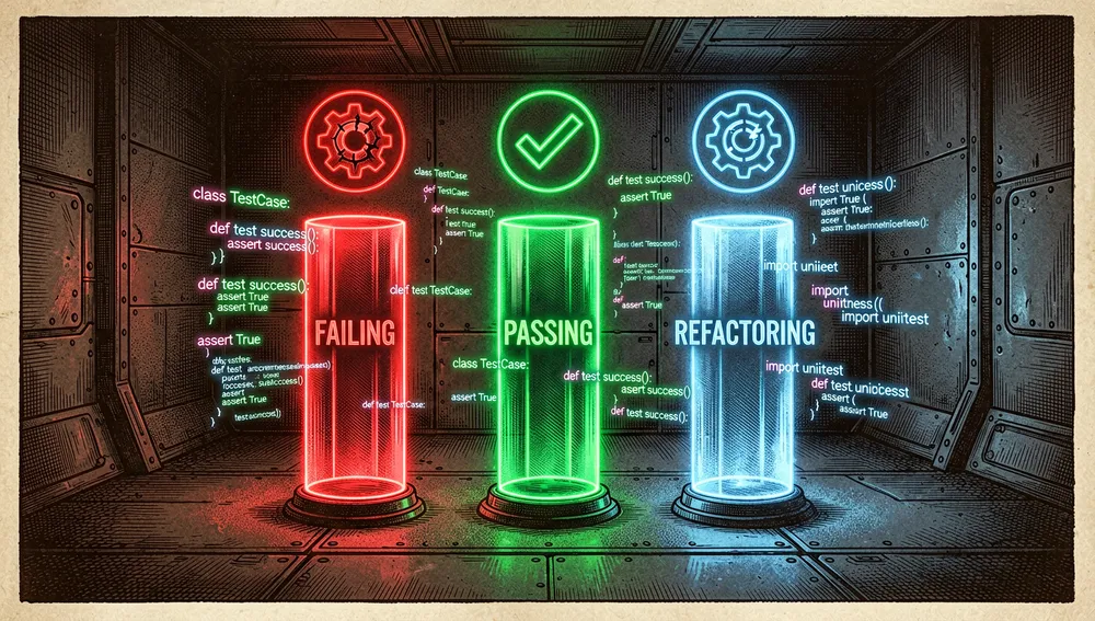 Tres pilares holográficos de neón —rojo, verde y azul— representan el ciclo de test-driven development: fallar, pasar y refactorizar