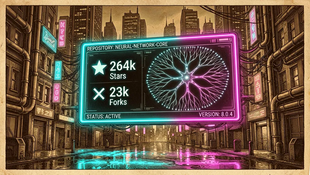Una valla publicitaria holográfica en una ciudad cyberpunk muestra las métricas del repositorio: estrellas, forks y su red de bifurcaciones