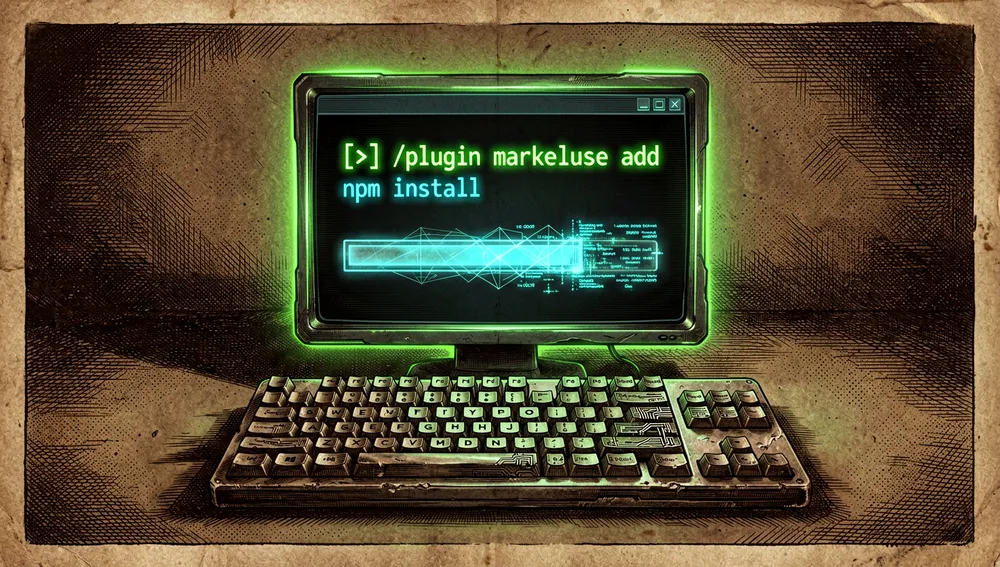Ein futuristisches Terminal führt die Installationsbefehle des Plugins aus, begleitet von holografischen Fortschrittsbalken und Häkchen