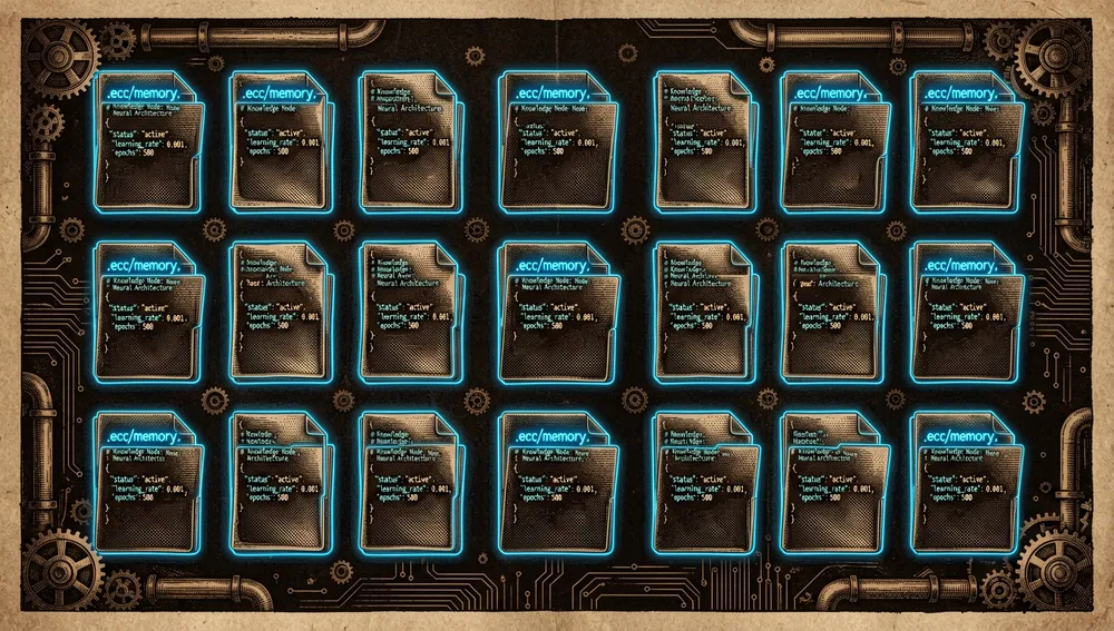 Ein digitaler Speichertresor zeigt Reihen von Markdown-Dateien und JSON-Objekten mit der Beschriftung .ecc/memory/ – ein Sinnbild für sitzungsübergreifendes, persistentes Wissen