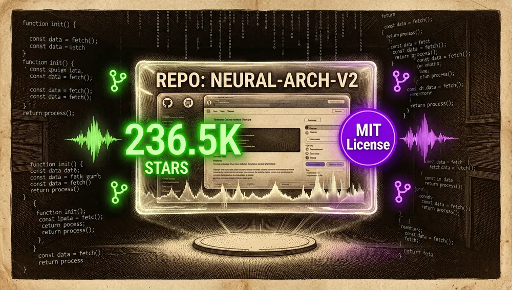 Ein holografisches 3D-Board schwebt in einem dunklen Raum und zeigt Repository-Statistiken: Sterne, Forks und das MIT-Lizenzsiegel