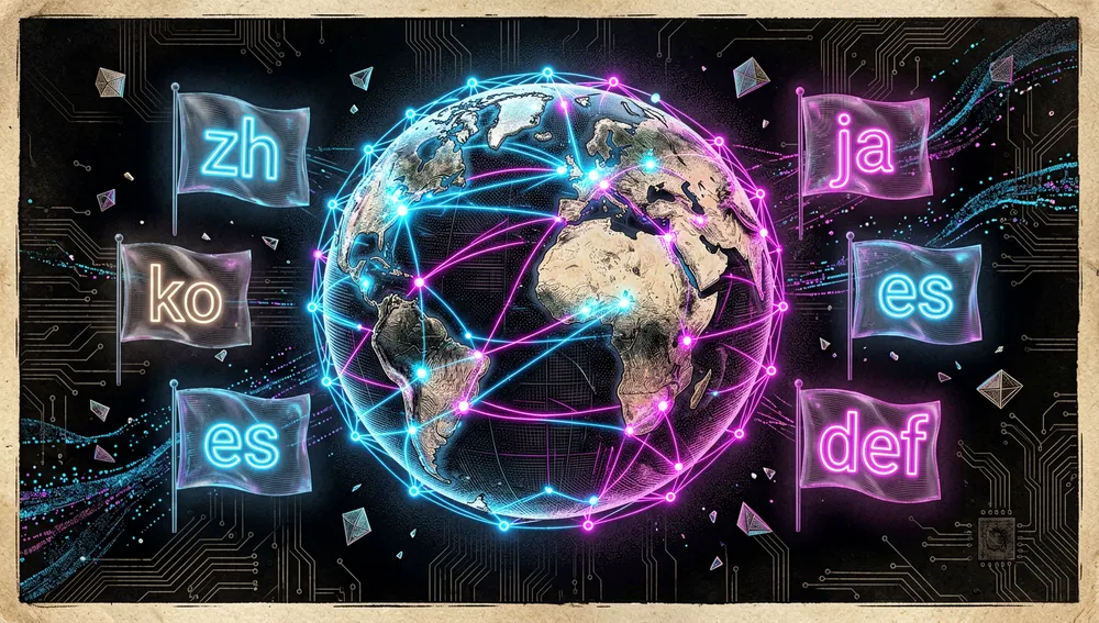 Ein leuchtender digitaler Globus mit Netzwerkknoten, die Kontinente verbinden, samt Flaggen und Sprachcodes in Neon – ein Sinnbild für die Community-Übersetzungen
