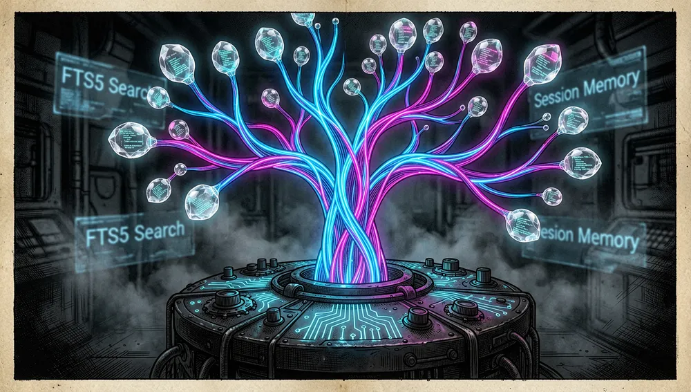 Ilustración de un árbol de red neuronal futurista que crece desde una terminal, representando la memoria persistente y la búsqueda FTS5 de sesiones.