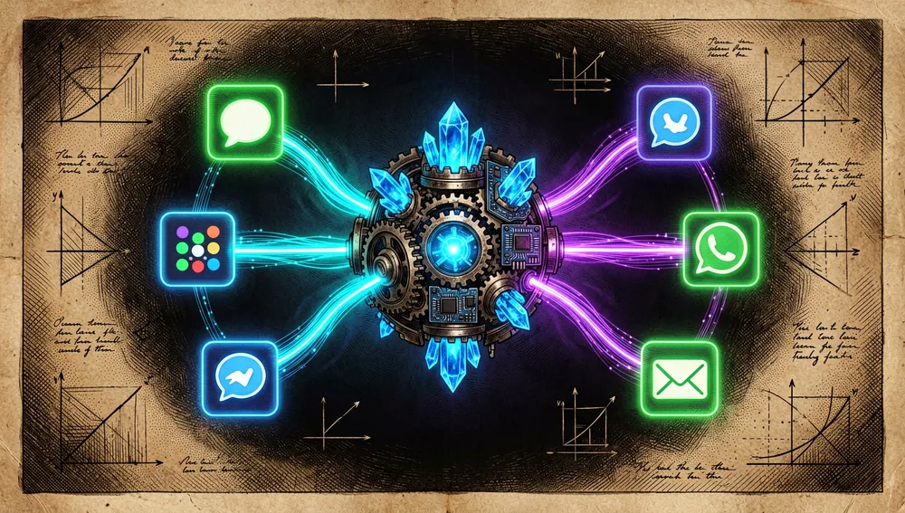 Núcleo de IA que transmite conexiones holográficas hacia iconos de Telegram, Discord, Slack, WhatsApp y Signal.