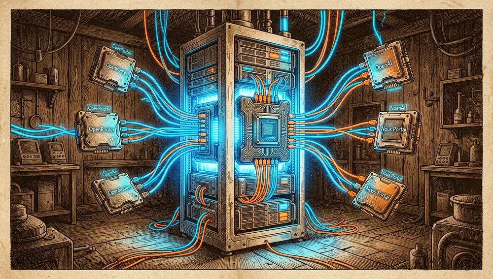 Servidor de IA con cables de datos conectando módulos etiquetados como OpenRouter, OpenAI y Nous Portal.