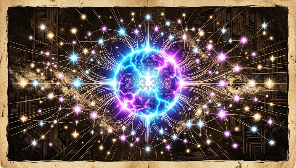 Mapa estelar holográfico con una estrella central gigante que simboliza las 223.359 estrellas del repositorio y su comunidad.