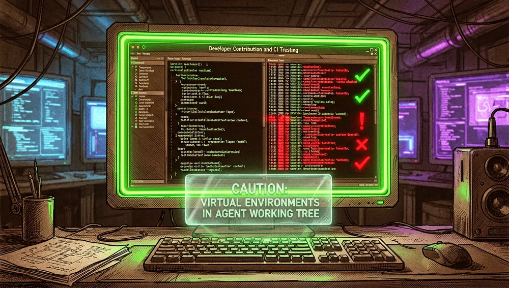 Estación de trabajo con una terminal ejecutando pruebas automatizadas y una advertencia holográfica sobre el entorno virtual.