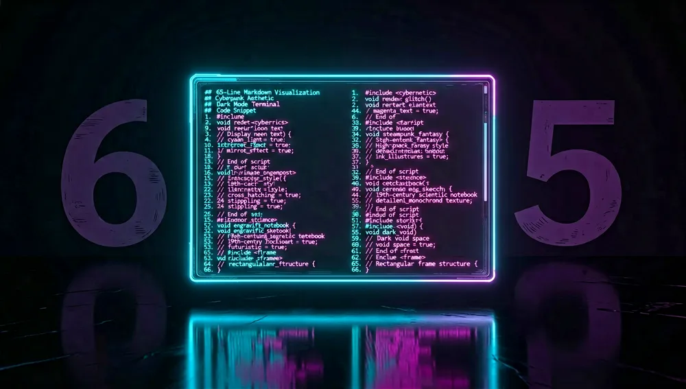 Terminal holográfica mostrando un archivo Markdown de apenas 65 líneas flotando en un vacío oscuro.