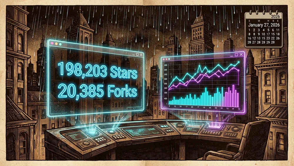 Panel de control futurista con gráficos que muestran 198.203 estrellas y 20.384 bifurcaciones del repositorio.