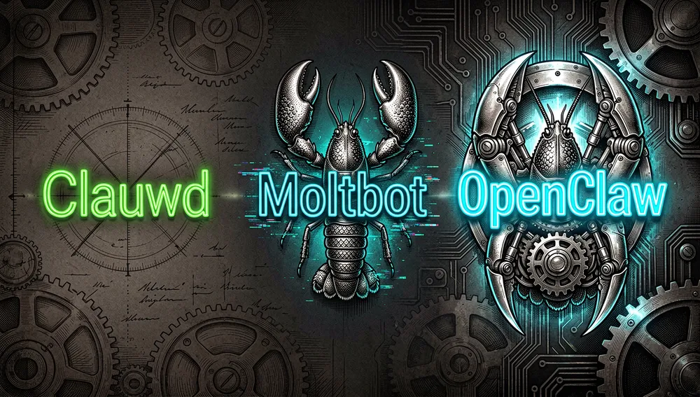 Tres letreros de neón muestran la evolución del nombre del proyecto, de Clawd a Moltbot y finalmente a OpenClaw, cada vez más brillantes.
