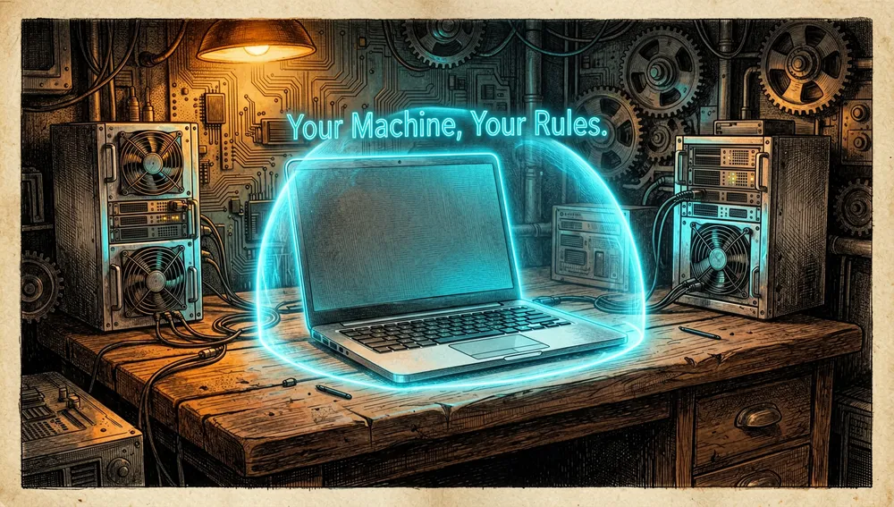 Una laptop protegida por un escudo de neón translúcido en un home lab, con el texto holográfico "Your Machine, Your Rules".