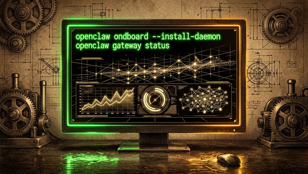 Una terminal futurista muestra en neón los comandos openclaw onboard --install-daemon y openclaw gateway status junto a un dashboard con gráficos de conexión.