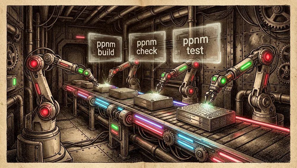 Una cadena de producción digital con cintas transportadoras y compuertas de escaneo en neón etiquetadas pnpm build, pnpm check y pnpm test, con brazos robóticos inspeccionando los paquetes.