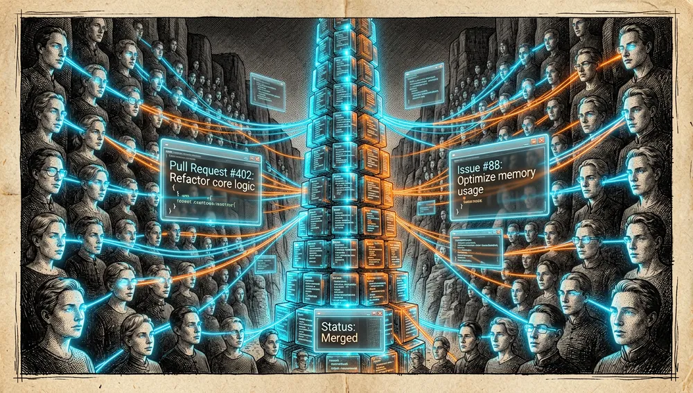 Una multitud de avatares luminosos conectados por hilos de luz construye una estructura de código, con pantallas holográficas de pull requests y tickets de incidencias flotando alrededor.