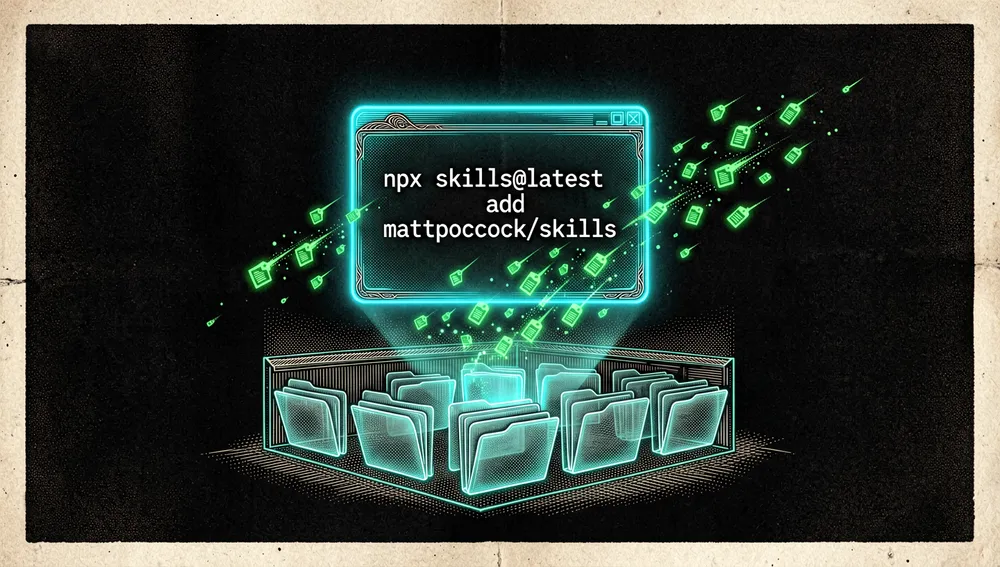 Una terminal muestra el comando npx skills@latest add mattpocock/skills mientras pequeños archivos de instrucciones en verde neón se copian a una carpeta local editable.