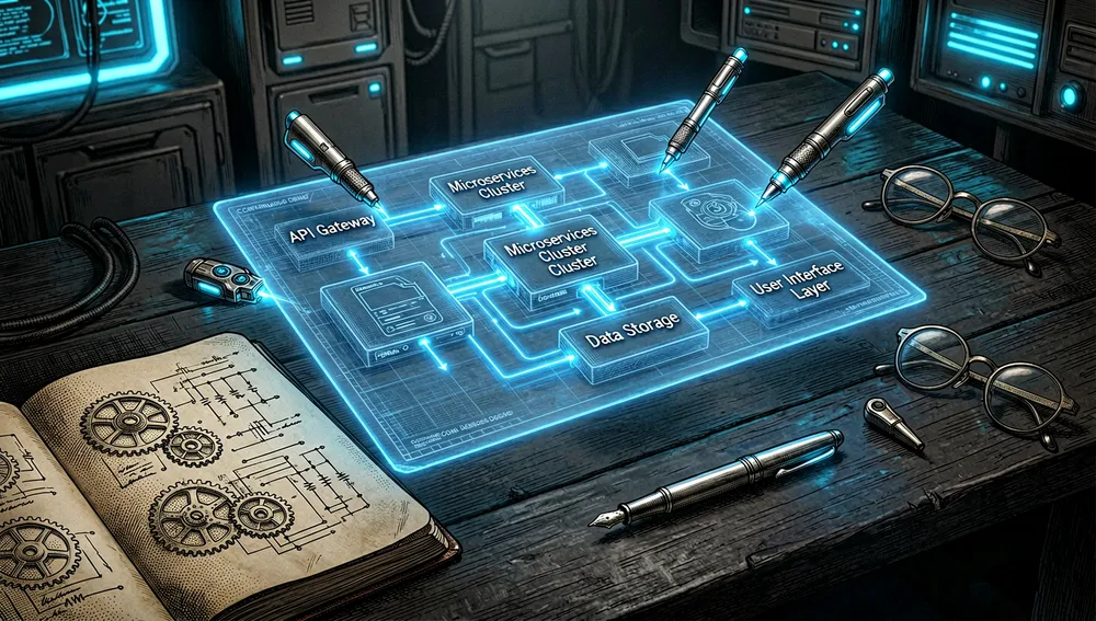 Un plano holográfico de arquitectura de software flota sobre un escritorio oscuro mientras herramientas de neón refinan y reducen sus interfaces, manteniendo la estructura pequeña y consistente.