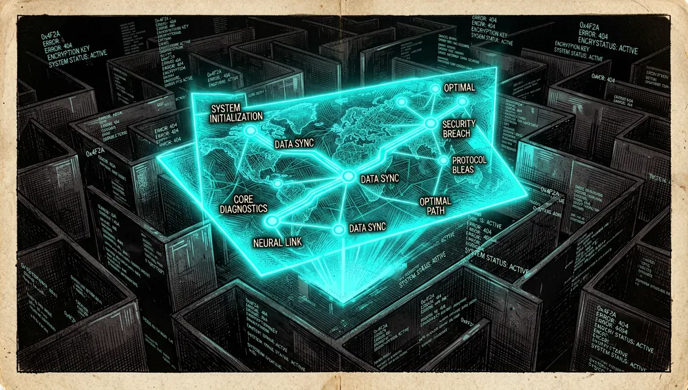 Un mapa holográfico cian ilumina un camino claro a través de un laberinto digital oscuro, conectando nodos que representan incidencias y tareas compartidas en el rastreador.