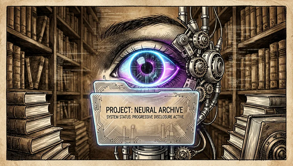 Un ojo cibernético que escanea el nombre y la descripción de una habilidad mientras una biblioteca de código compleja permanece oculta entre sombras, representando la revelación progresiva.