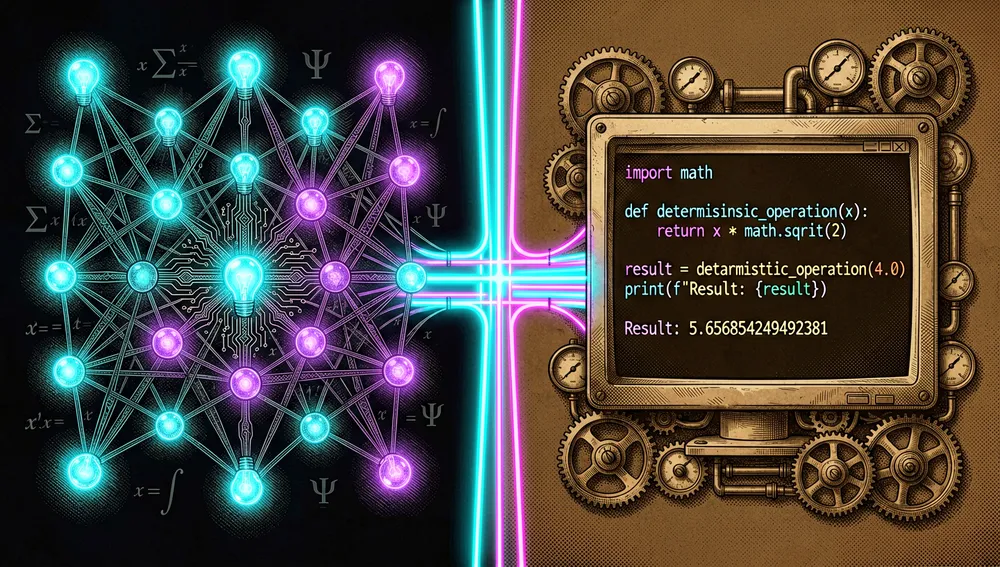 Ilustración dividida que combina una red neuronal de razonamiento con un script de Python ejecutándose de forma determinista, unidos por un puente de energía.