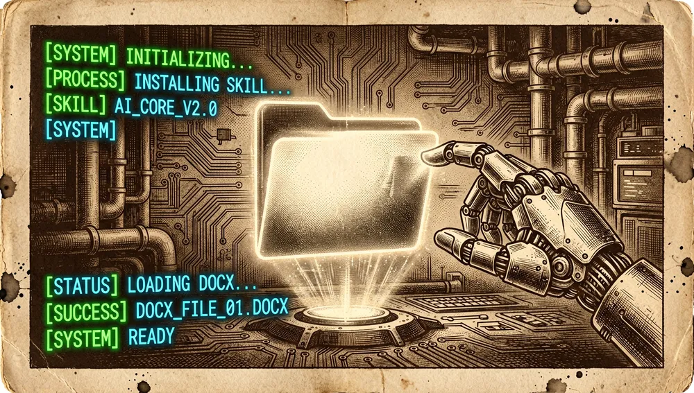 Terminal futurista en modo oscuro mostrando comandos de instalación de una skill, con una mano mecánica holográfica sosteniendo un icono de carpeta iluminado.