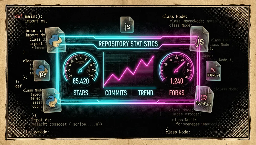 Panel holográfico oscuro con gráficos y métricas del repositorio de GitHub, mostrando estrellas, bifurcaciones y commits.