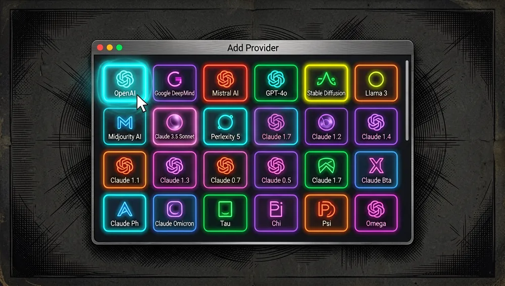 Ventana de aplicación de escritorio con una grilla de más de 50 tarjetas de presets de proveedores de IA, con una tarjeta resaltada por el cursor.