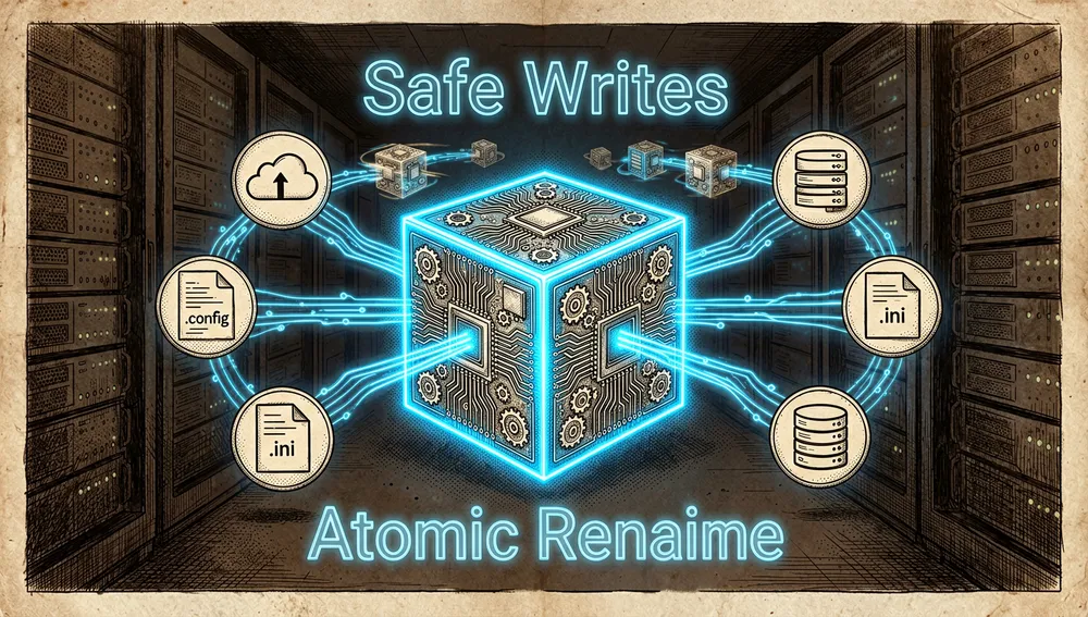 Núcleo de una base de datos SQLite brillante en el centro de una sala de servidores, con flujos de datos bidireccionales y copias de seguridad rotativas orbitando alrededor.