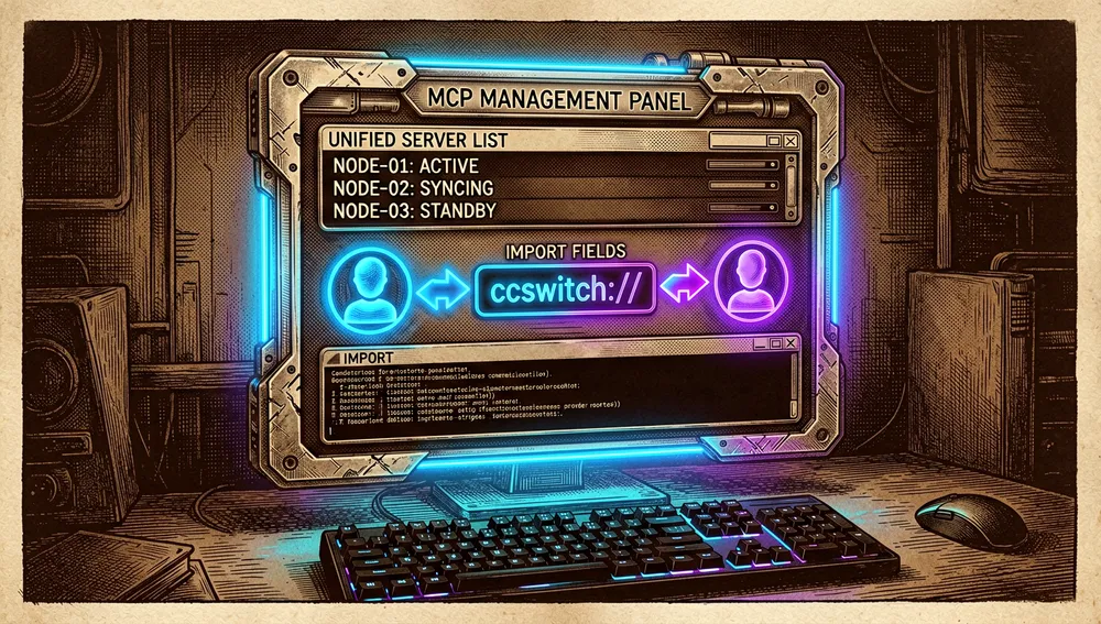 Panel holográfico oscuro que gestiona servidores MCP, importación mediante enlace ccswitch:// y flechas de sincronización bidireccional entre iconos de distintos clientes de IA.
