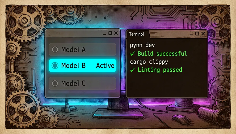 Bandeja del sistema desplegada con una lista de proveedores de IA y un interruptor activo en cian, junto a una terminal ejecutando comandos de build en Rust y TypeScript.