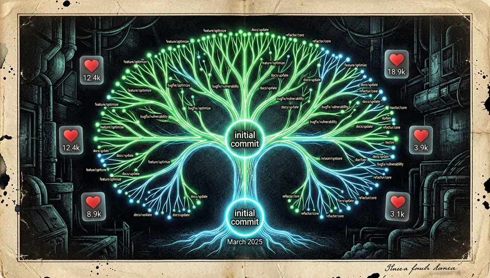 Diagramm eines ersten Commits, der sich zu einem leuchtenden Baum aus Tausenden von Forks und Erwähnungen auf Hacker News verzweigt