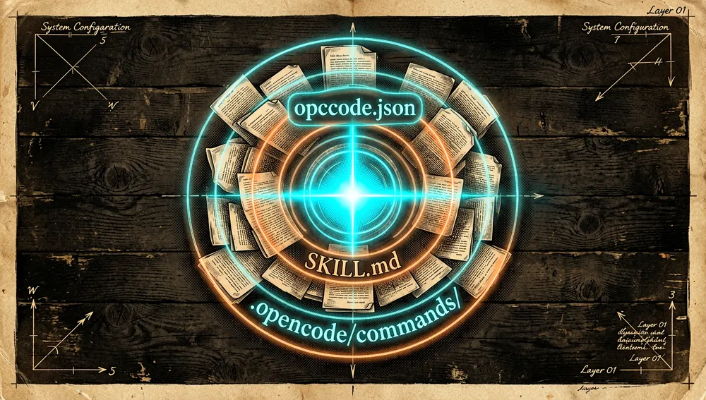 Schwebende Konfigurationsdateien — opencode.json, SKILL.md und .opencode/commands — verschmelzen zu einem einzigen zentralen Lichtstrahl