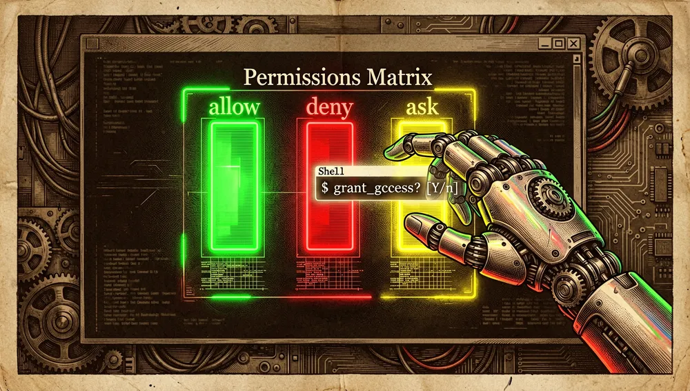 Berechtigungsmatrix mit den drei Zuständen allow, deny und ask, während eine Roboterhand vor der Ausführung eines Shell-Befehls auf Genehmigung wartet