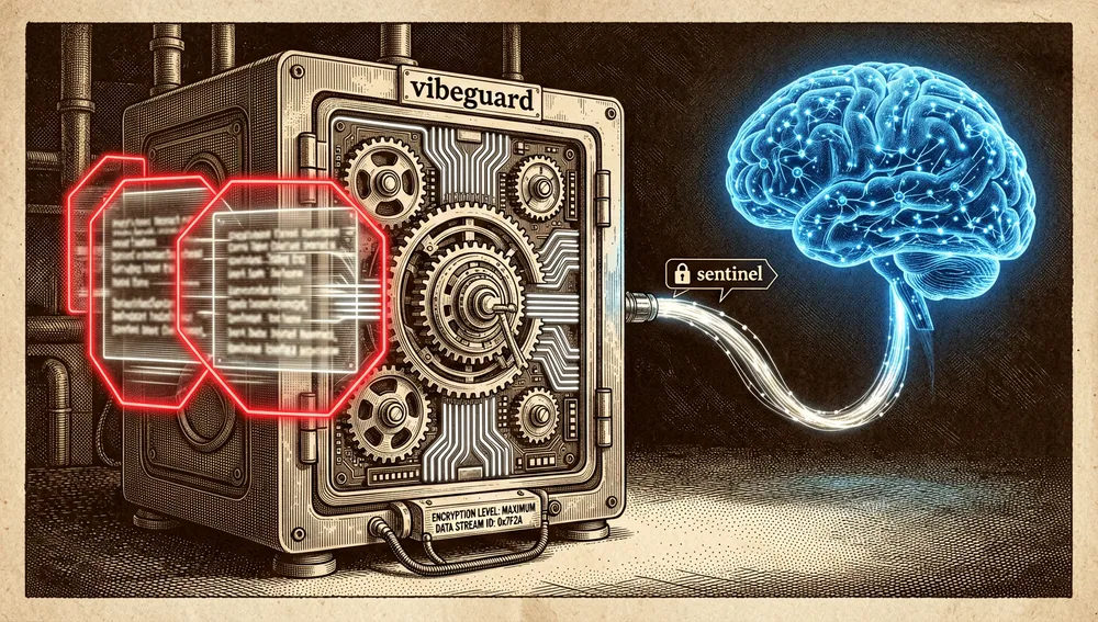 Ein digitaler Tresor scannt und verwischt Fragmente sensiblen Codes, bevor er sie an ein entferntes Modell sendet, als Darstellung von Tools wie vibeguard und sentinel