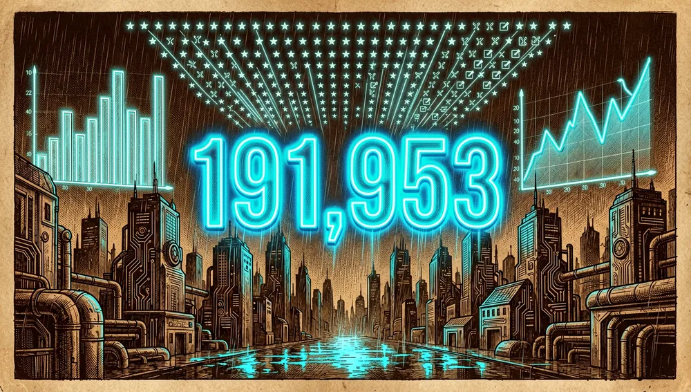 Riesige holografische Balkendiagramme mit der Sternenzahl des Repositorys, schwebend über einer futuristischen Stadt bei Nacht