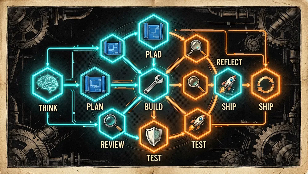 A glowing circular diagram with the seven stages of the flow — think, plan, build, review, test, ship, and reflect — connected by streams of data.