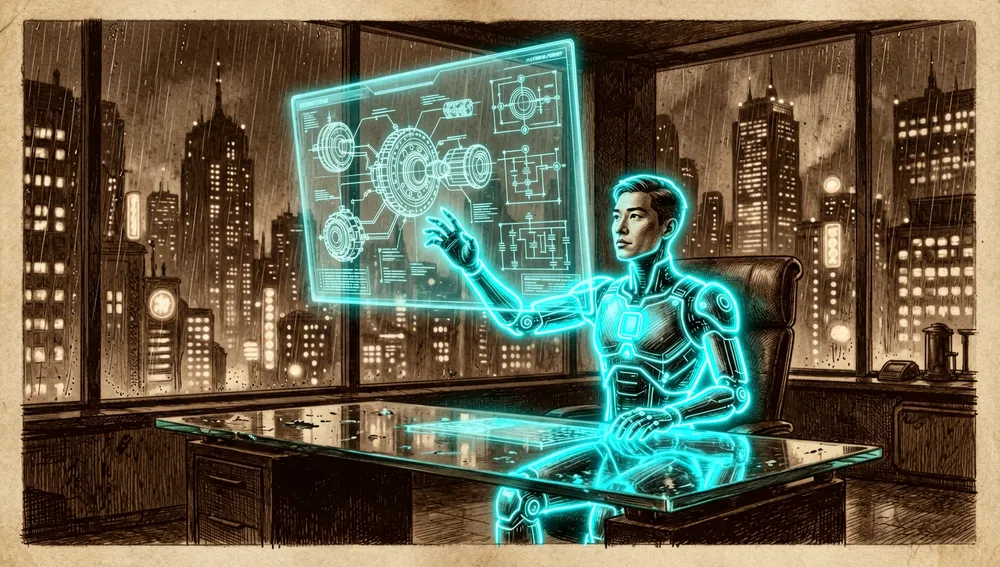 A holographic specialist seated at a dark glass desk projects a design document with diagrams, invoked by the /office-hours command.