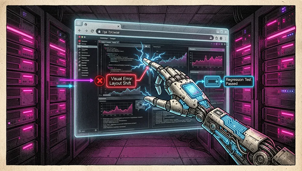 A robotic hand manipulates a holographic Chromium browser window while neon markers flag visual bugs and regression tests.
