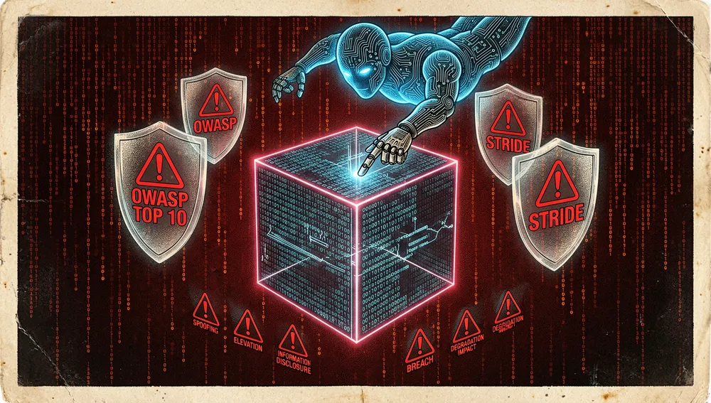 A neon AI entity scans a floating block of code while red warning glyphs and holographic shields flag OWASP and STRIDE findings.