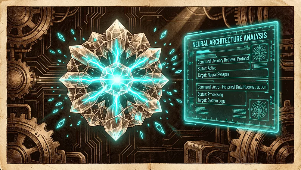 A crystalline neural structure absorbs fragments of data next to a retrospective panel with charts and engineering notes, representing /learn and /retro.