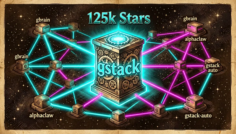 A luminous central monolith with "125k Stars" surrounded by satellite nodes connected by beams of light representing gbrain, alphaclaw, and gstack-auto.
