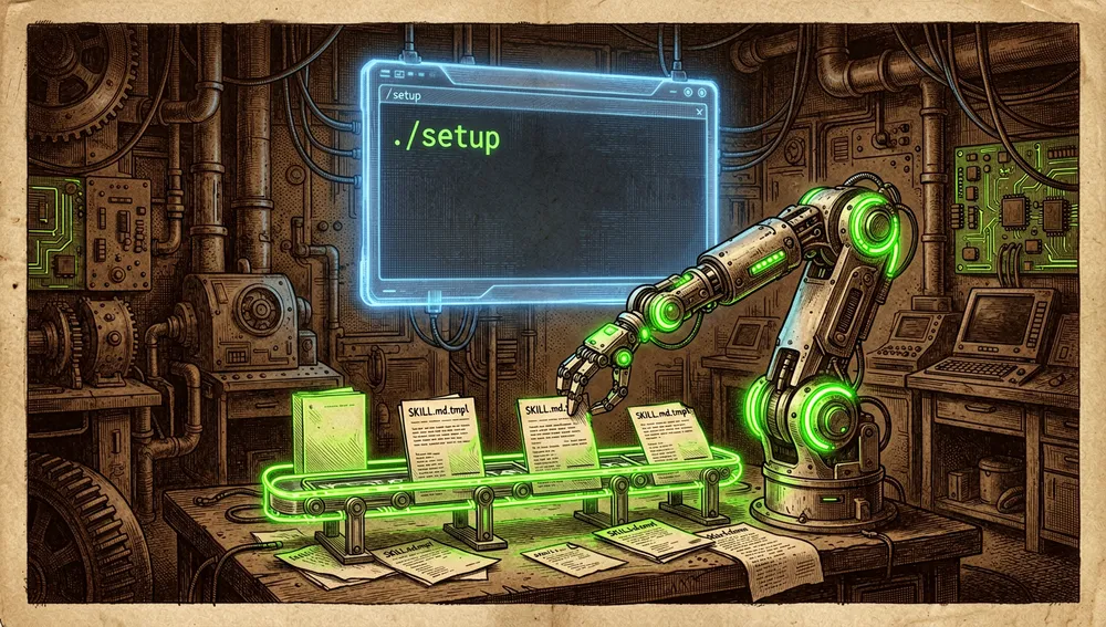 A mechanical arm assembles SKILL.md.tmpl files on a glowing pipeline while a terminal in the foreground runs the ./setup command.