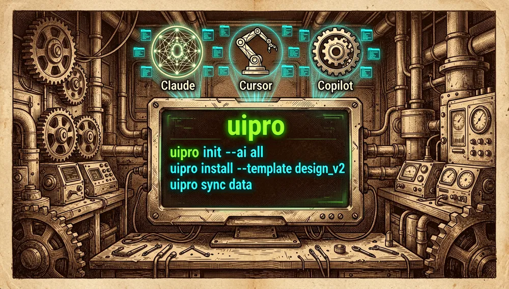 Terminal cyberpunk ejecutando la herramienta de línea de comandos uipro, con texto neón verde y cian sobre una pantalla oscura mostrando comandos de instalación, mientras iconos holográficos de distintos asistentes de IA reciben paquetes de datos que representan plantillas de diseño.