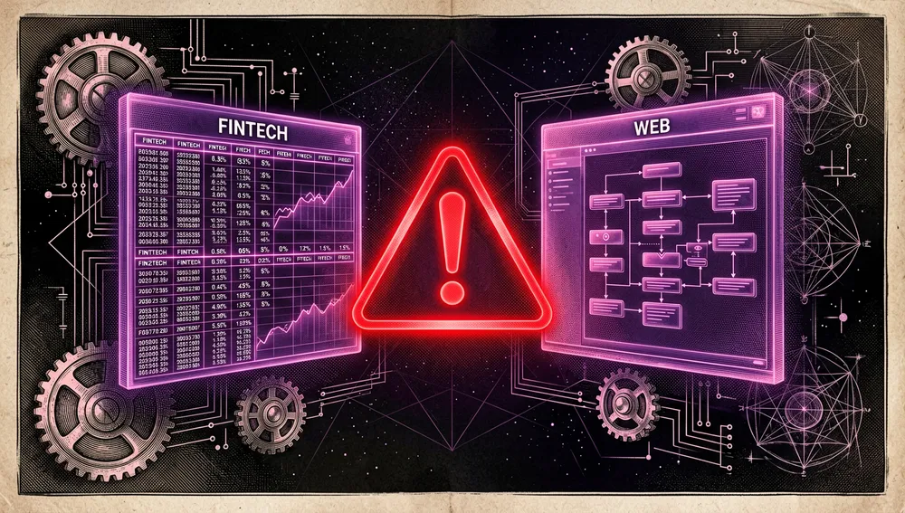 Grillas y tablas de datos neón que representan una base de reglas de diseño, categorizada por industrias como "fintech" y "web", con una señal de advertencia holográfica roja sobre un degradado morado y rosa que simboliza el rechazo explícito de antipatrones.
