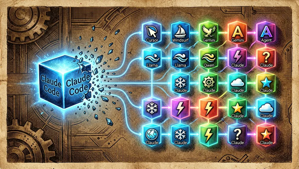 Un solo cubo azul brillante etiquetado "Claude Code" se fractura y se multiplica en una grilla de veinte cubos, cada uno con el logo de un asistente de IA distinto, unidos por líneas neón que representan la portabilidad multiplataforma.
