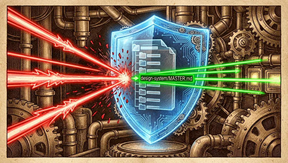 Un escudo holográfico transparente y brillante protege un árbol de directorios central etiquetado design-system/MASTER.md, mientras haces de datos neón rojos maliciosos rebotan contra el escudo y haces verdes validados y seguros pasan para actualizar los archivos.