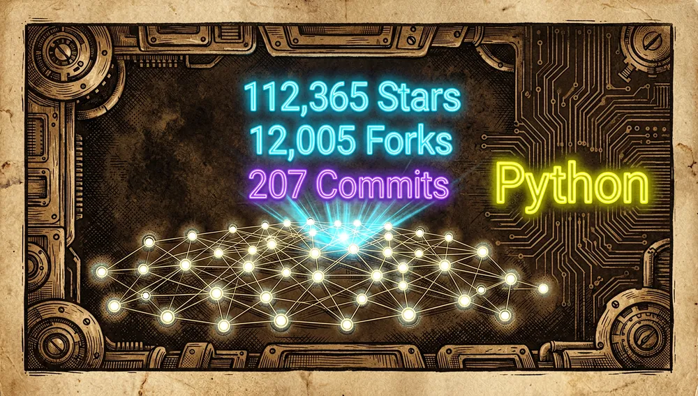 Un panel de datos futurista mostrando métricas del repositorio de GitHub en estilo cyberpunk: números holográficos neón brillantes flotando en un espacio oscuro con "112,365 estrellas", "12,005 bifurcaciones", "207 commits", un grafo de red de nodos contribuyentes pulsando con energía y el indicador "Python" en amarillo neón.