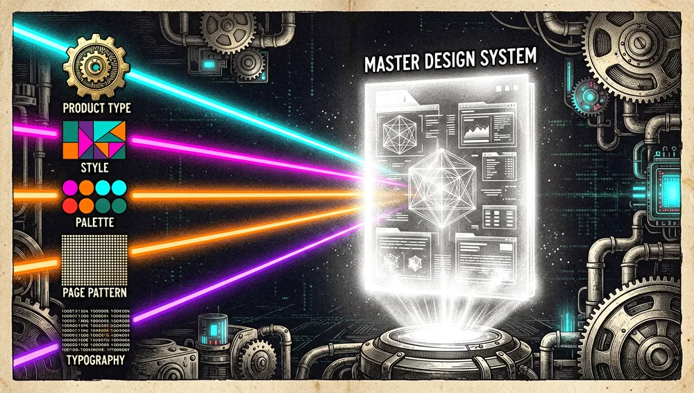 Cinco haces de búsqueda neón convergen en un horizonte digital oscuro, representando las búsquedas paralelas de tipo de producto, estilo, paleta, patrón de página y tipografía, que se fusionan en un documento holográfico de sistema de diseño maestro.