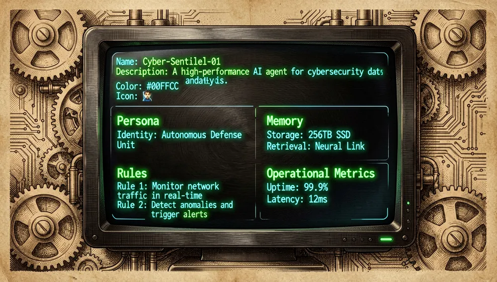 Una interfaz de terminal oscura y elegante mostrando un archivo Markdown brillante en verde neón y cian, con metadatos de nombre, descripción, color e icono, seguidos de secciones de persona, memoria, reglas y métricas operativas.