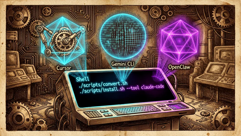 Un centro de comandos futurista ejecutando scripts de shell, con texto neón mostrando los comandos convert.sh e install.sh, mientras proyecciones holográficas transforman un archivo Markdown en formas geométricas que representan distintos entornos de IA.